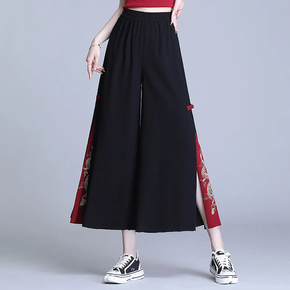 Vintage Dragon Embroidery Chiffon Wide-leg Pants