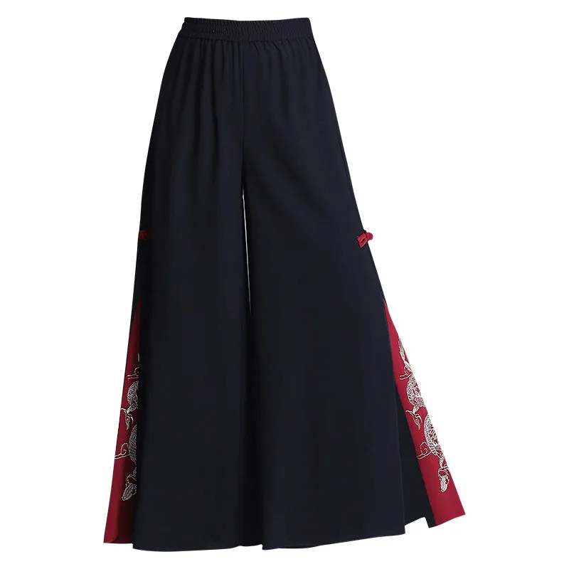 Vintage Dragon Embroidery Chiffon Wide-leg Pants