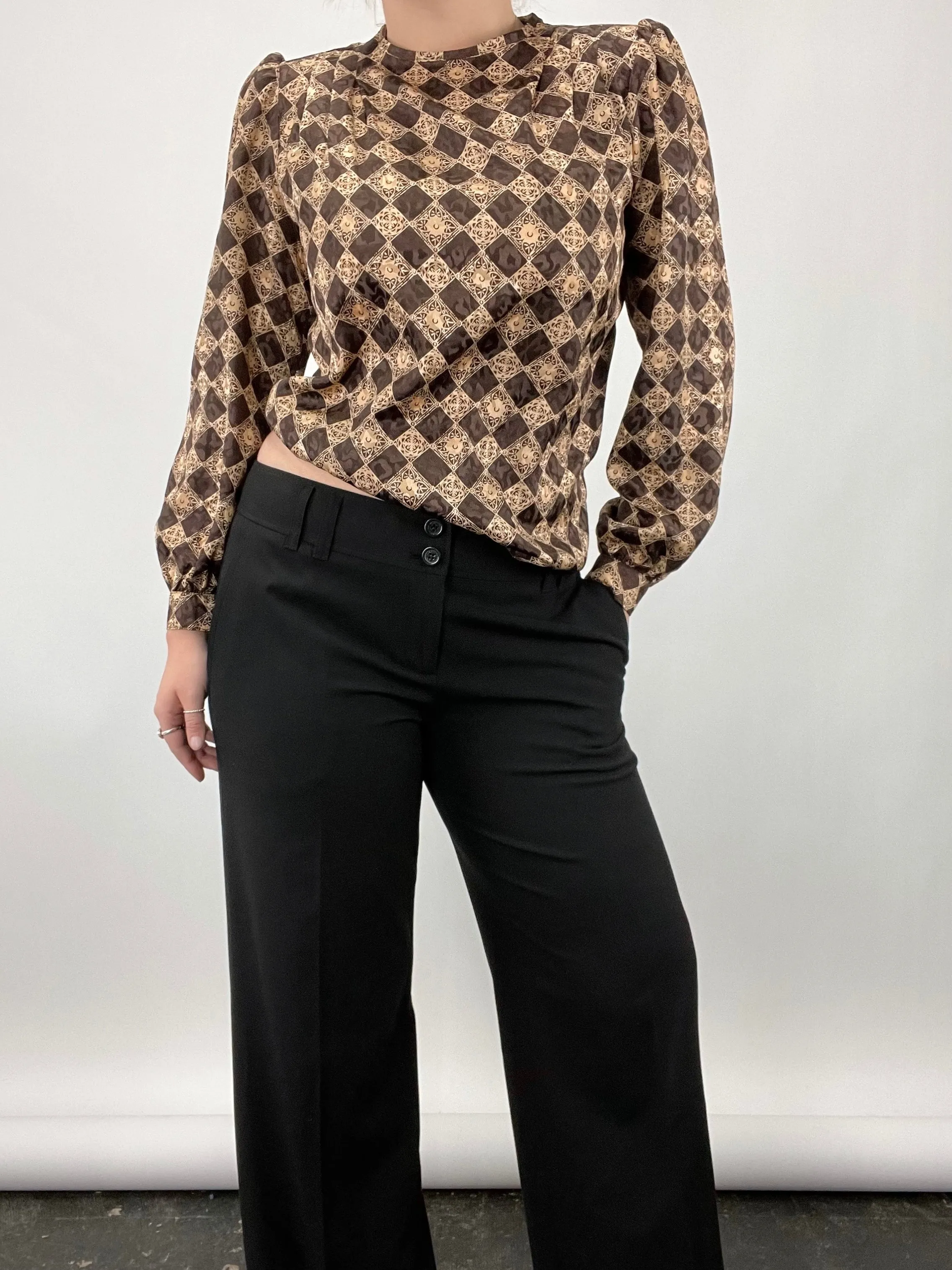 Vintage Satin Printed Puff Sleeve Blouse (S)