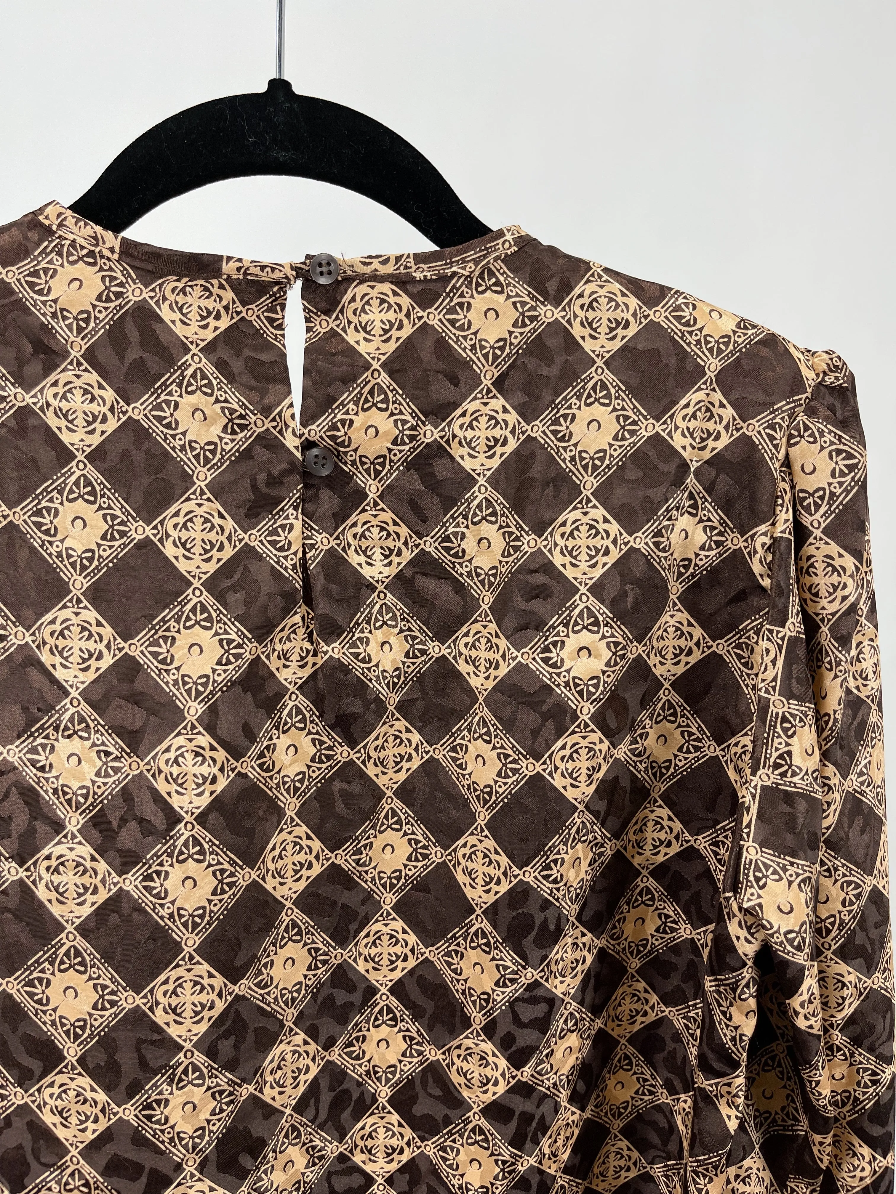 Vintage Satin Printed Puff Sleeve Blouse (S)