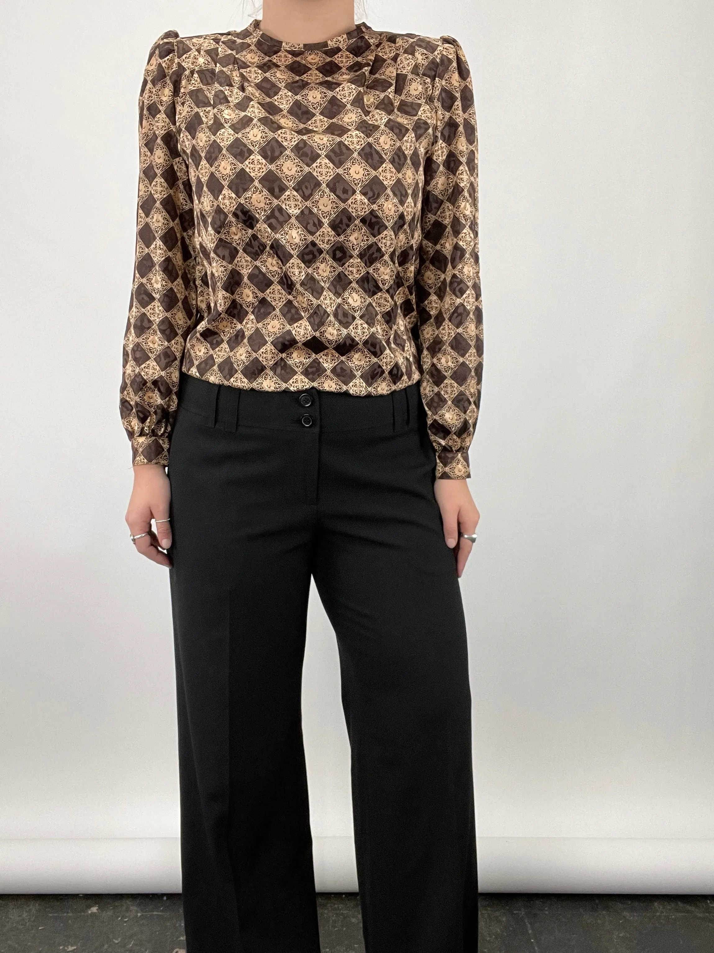 Vintage Satin Printed Puff Sleeve Blouse (S)