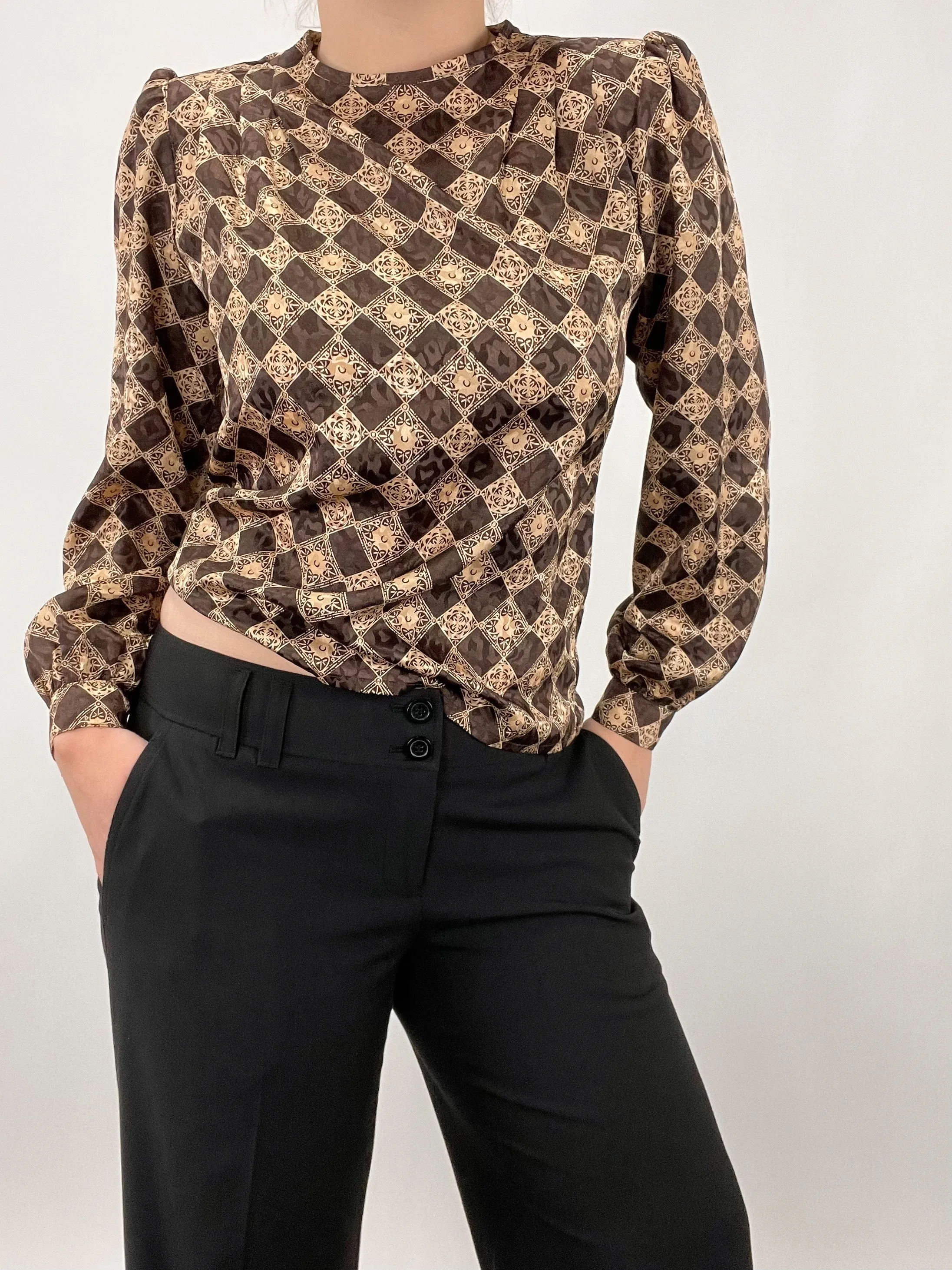 Vintage Satin Printed Puff Sleeve Blouse (S)