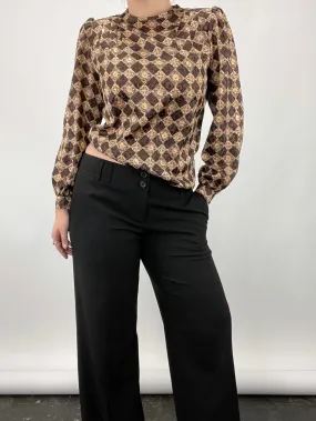 Vintage Satin Printed Puff Sleeve Blouse (S)